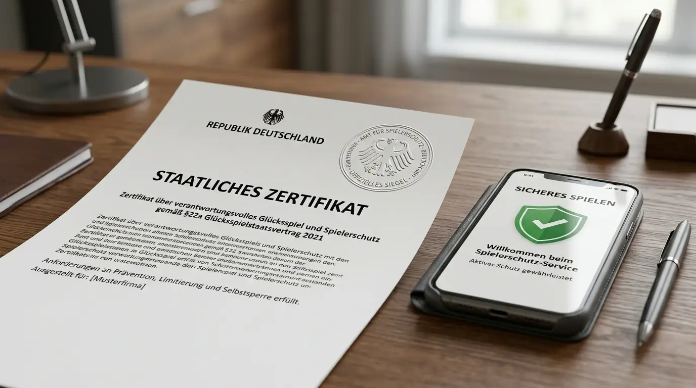 Dokument mit OASIS-Sperrsystem-Informationen und Smartphone mit Spielerschutz-App