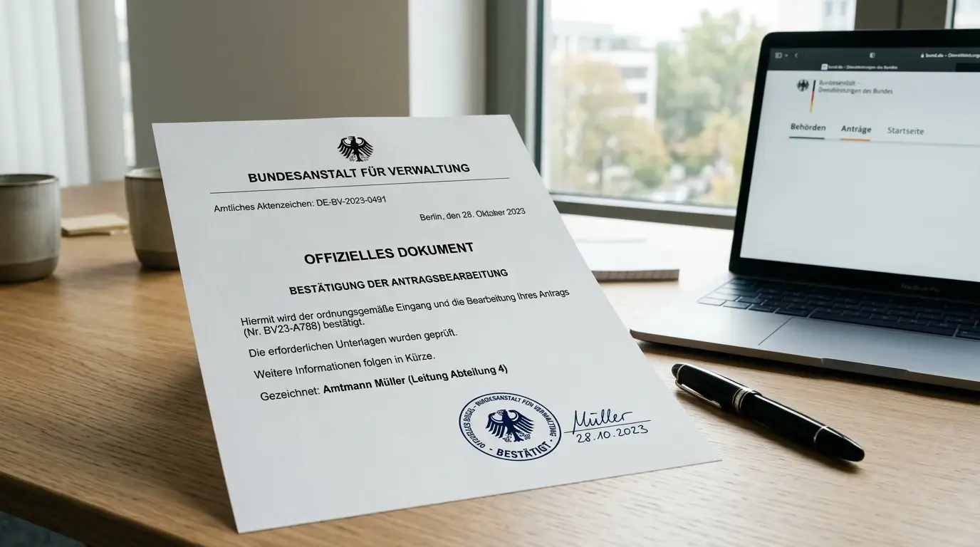 Offizielles Lizenzdokument auf einem Schreibtisch neben einem Laptop, sachliche Büroatmosphäre