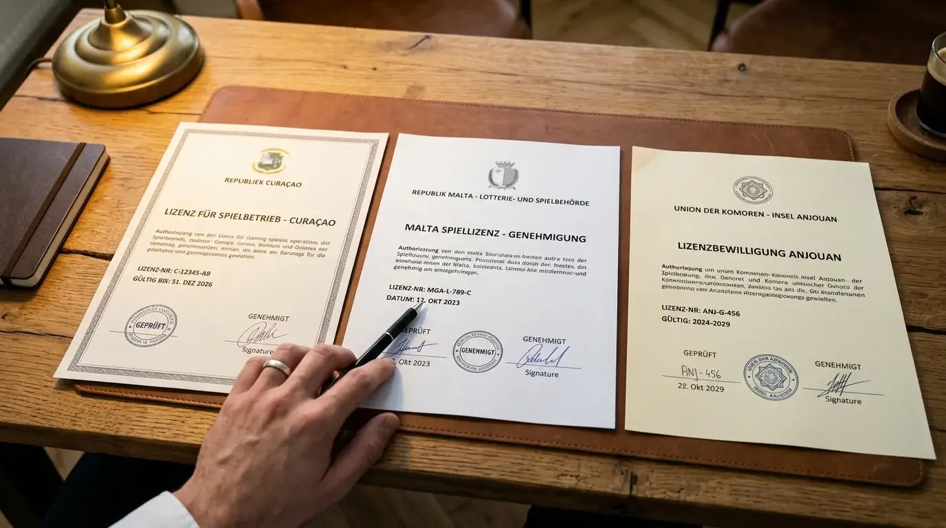 Drei verschiedene internationale Glücksspiellizenzdokumente von Curaçao, Malta und Anjouan im direkten Vergleich