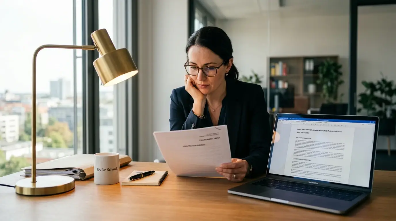Person am Schreibtisch prüft Dokumente nachdenklich, Laptop mit Rechtstext