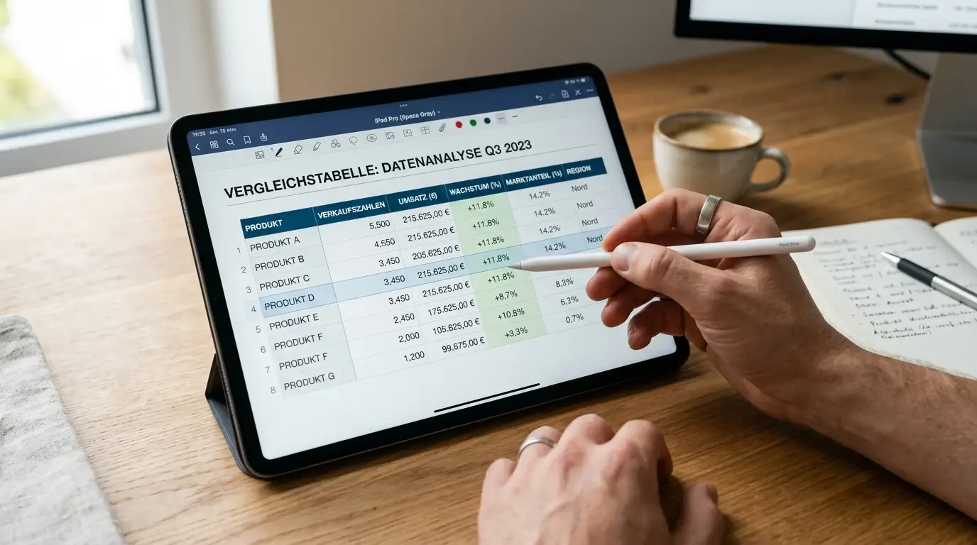 Tablet mit Vergleichstabelle auf Schreibtisch, Hand zeigt auf Datenreihen