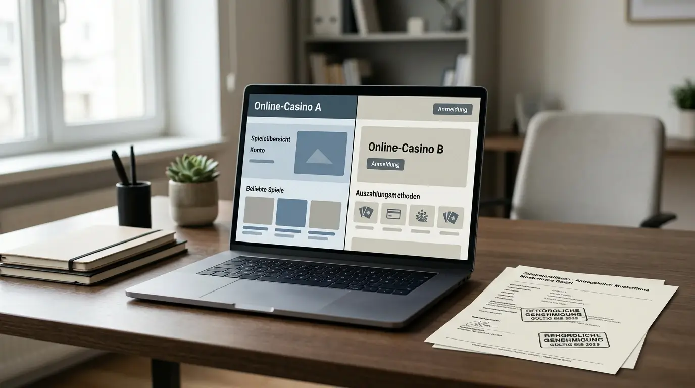 Laptop mit geöffneten Casino-Plattformen und Lizenzdokumenten