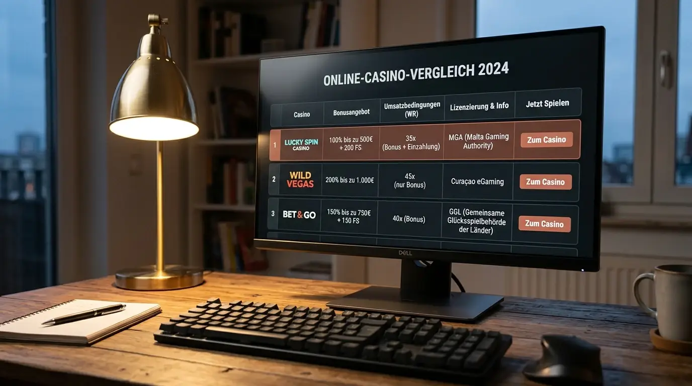 Vergleichstabelle mit drei Offshore-Casinos auf Monitor-Bildschirm