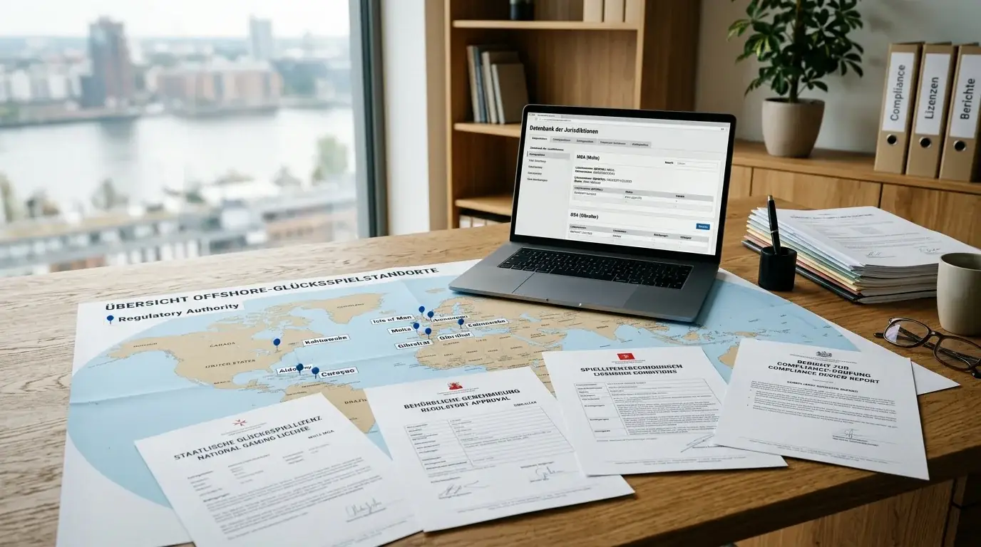 Weltkarte mit markierten Offshore-Lizenz-Jurisdiktionen und Dokumenten verschiedener Gaming-Behörden auf Schreibtisch