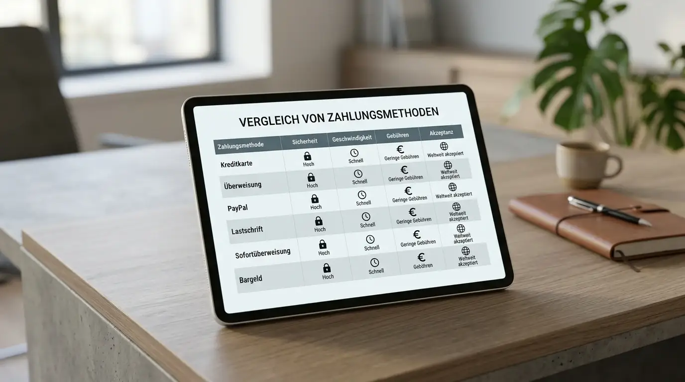 Vergleichstabelle verschiedener Prepaid-Zahlungsmethoden auf Tablet