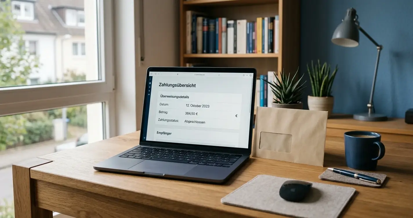 Schreibtisch mit Laptop und neutralem Zahlungsdokument neben einer Spielansicht ohne Markenlogos