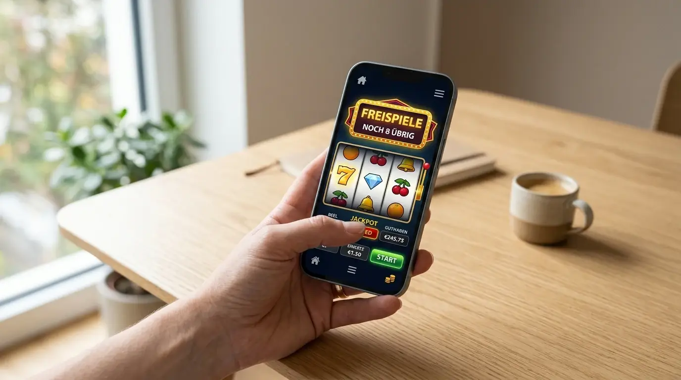 Hand tippt auf Smartphone mit Casino-App und Freispiel-Symbolen auf dem Display
