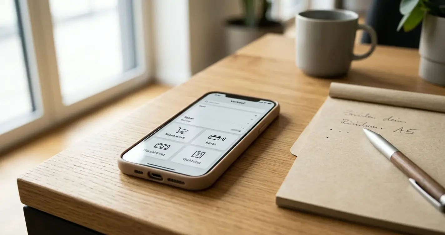 Smartphone auf einem Schreibtisch mit geöffneter Kassenansicht, daneben Notizblock und Stift