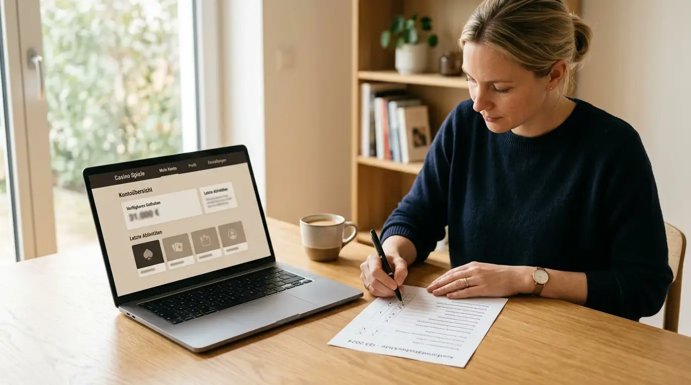 Checkliste und Laptop vor einer ersten Echtgeld-Einzahlung