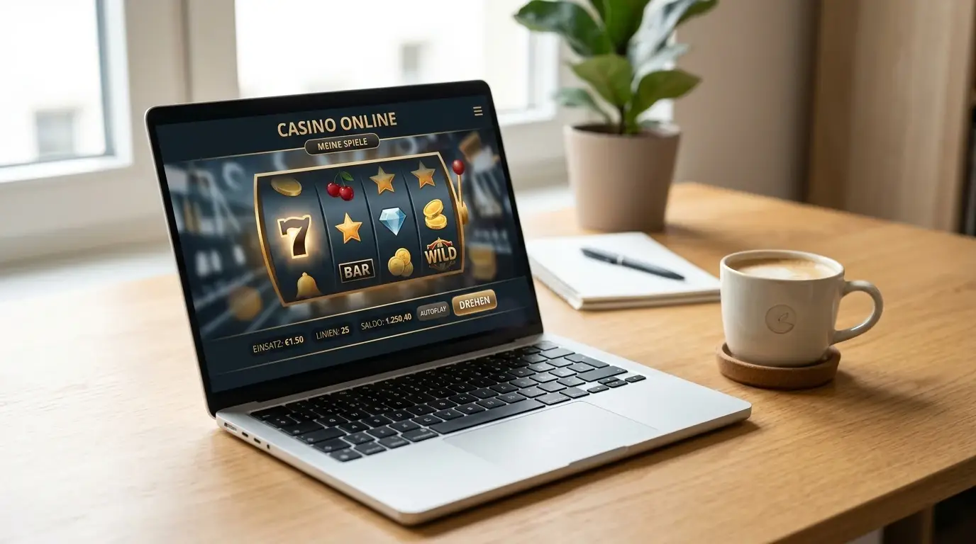 Laptop mit generischer Online-Casino-Oberfläche ohne Markenlogos auf einem modernen Schreibtisch