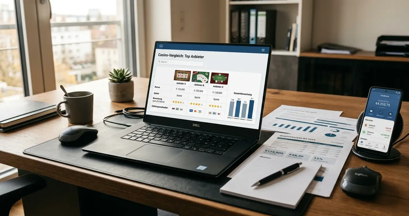 Schreibtisch mit Laptop und Finanzunterlagen zur Recherche von Offshore-Casinos
