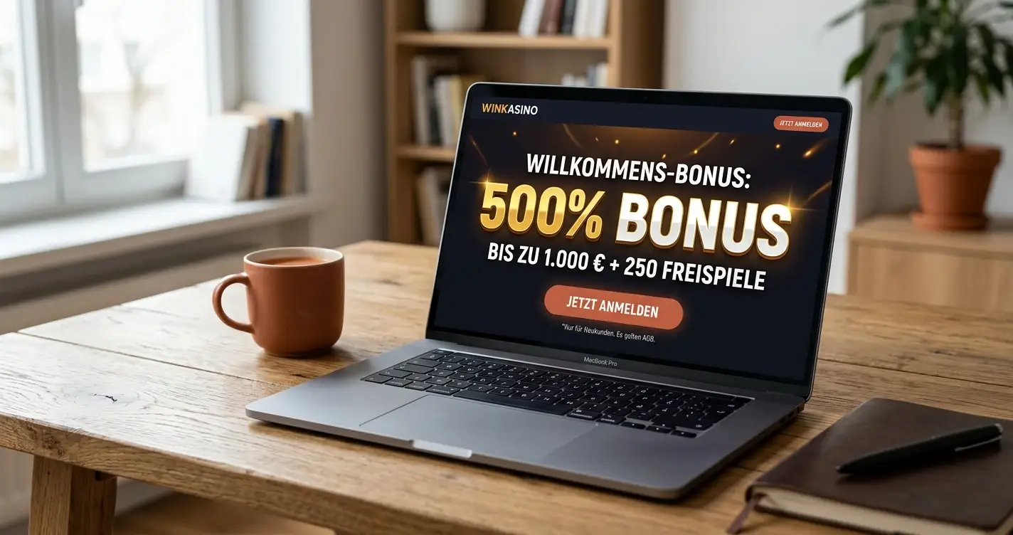 500-Prozent-Bonus-Angebot auf Laptop-Bildschirm mit Taschenrechner und Dokumenten