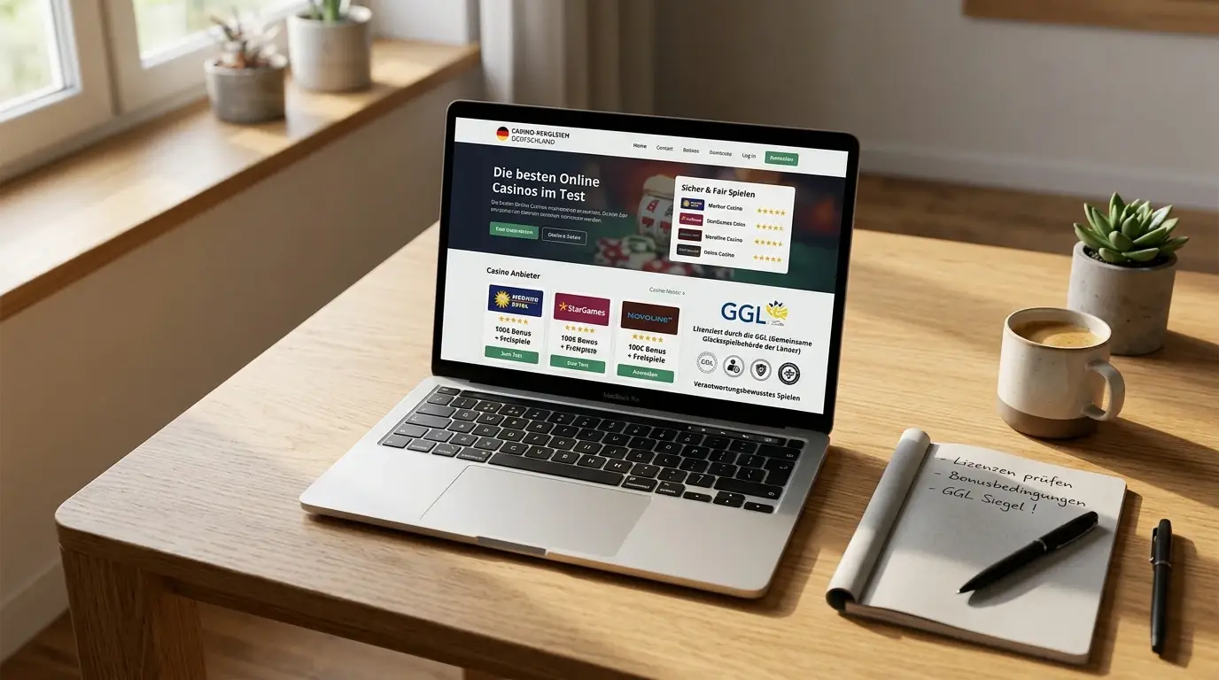 Schreibtisch mit Laptop und offenem Casino-Vergleich, sauberes Tageslicht