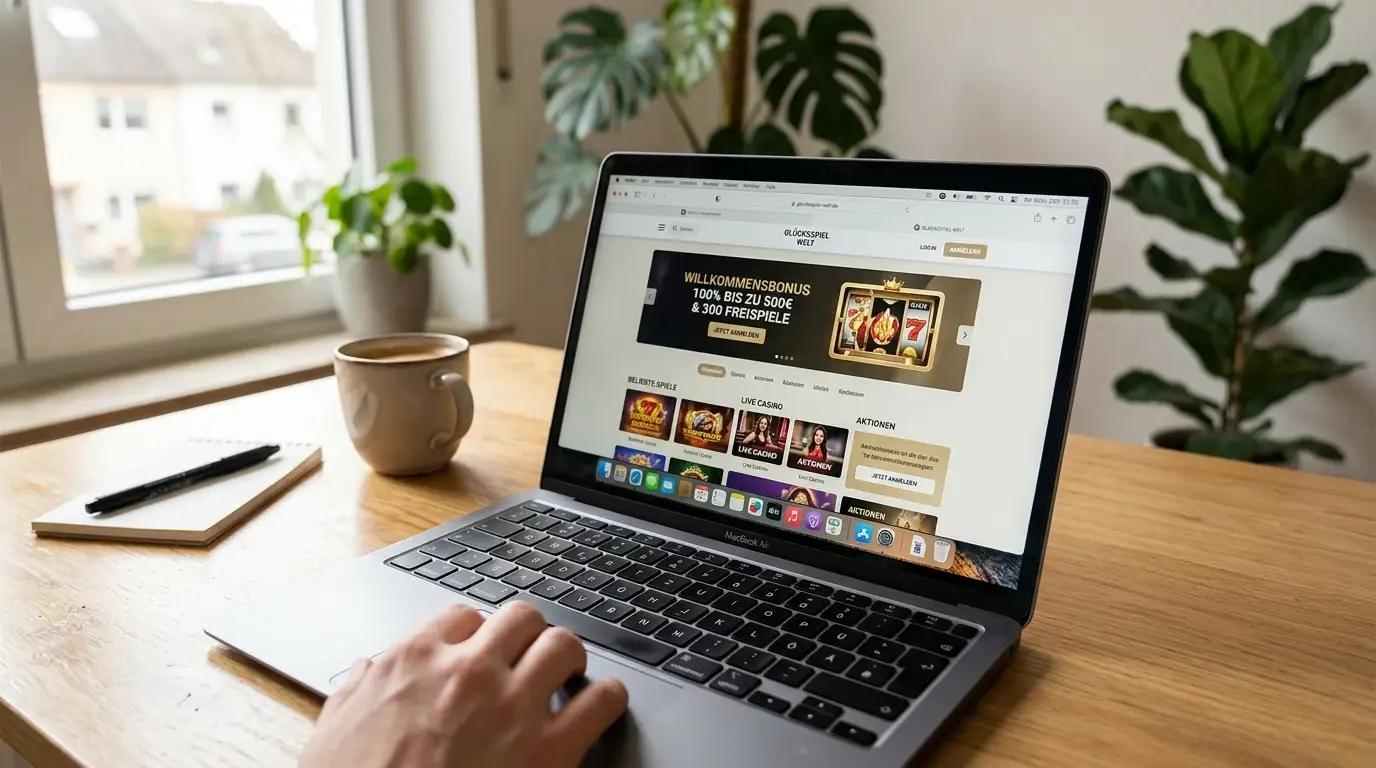 Moderne Notebook-Tastatur mit geöffnetem Browser, der eine neutrale Casino-Webseite mit Willkommensbonus-Banner zeigt, warmes Tageslicht von links, aufgeräumter Schreibtisch