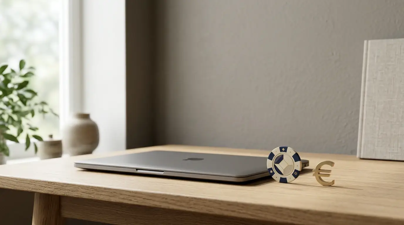 Ruhige Schreibtischszene mit Laptop und einem einzelnen abstrakten Casino-Chip als Symbol für das Spiel ohne deutsche Regeln