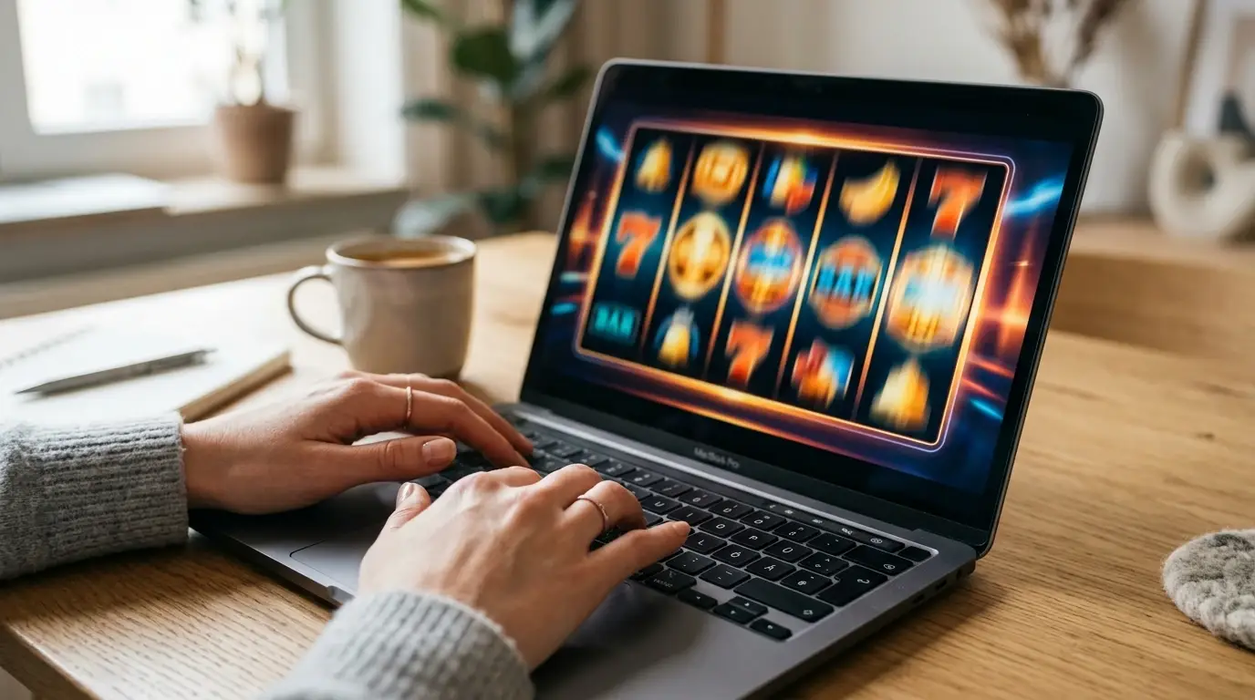 Laptop mit geöffnetem Online-Casino-Interface, Spielautomat läuft ohne Verzögerung