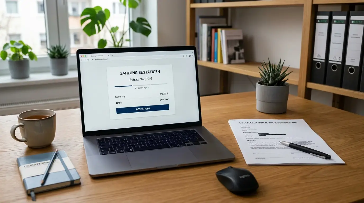 Schreibtisch mit neutralem Zahlungsdokument und Laptop im deutschen Online-Casino-Kontext