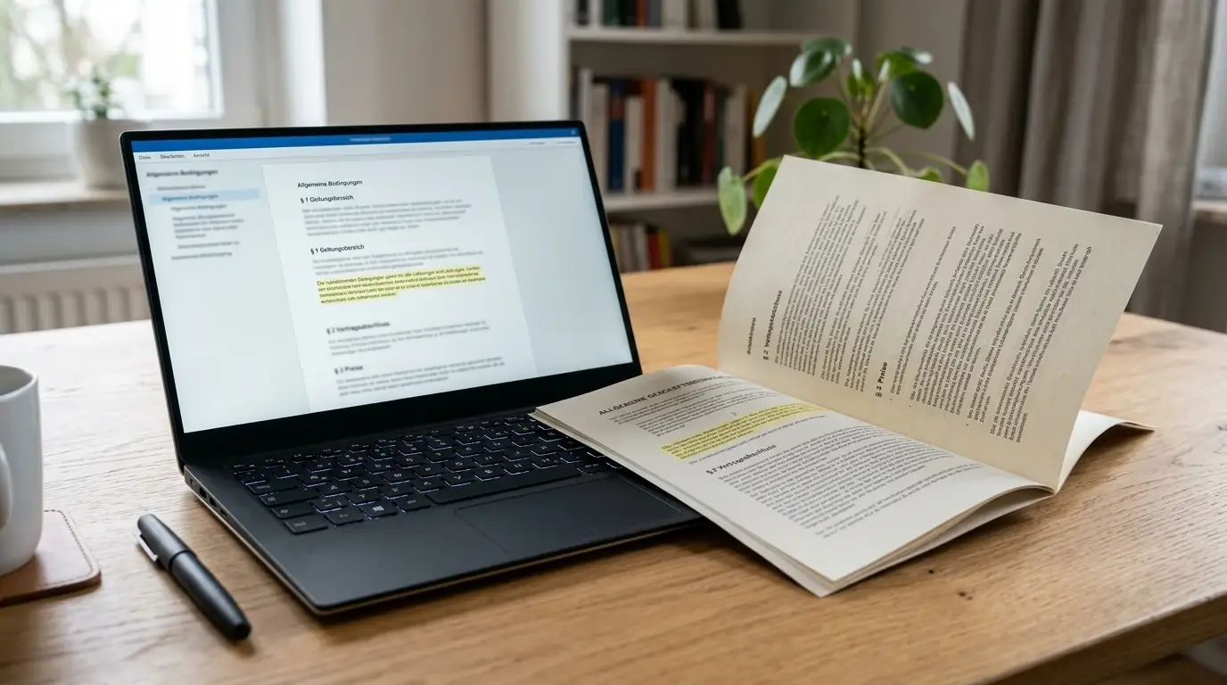 Dokument mit verständlich markierten Bonusbedingungen neben Laptop