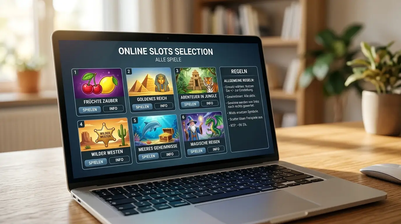 Laptop mit neutraler Spielautomaten-Auswahl und Regelmenü