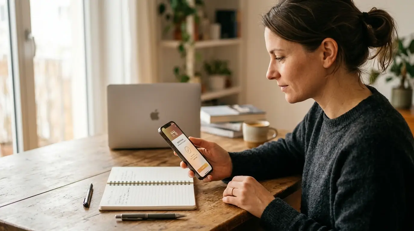 Person prüft PayPal-Einzahlung auf einem Smartphone neben einem Notizbuch