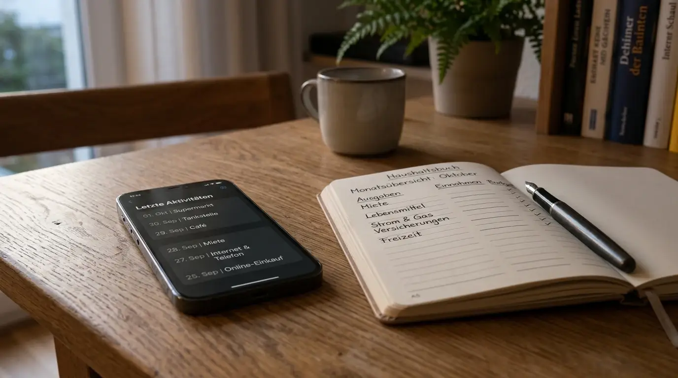 Smartphone mit neutraler Transaktionsübersicht neben einem persönlichen Budgetnotizbuch