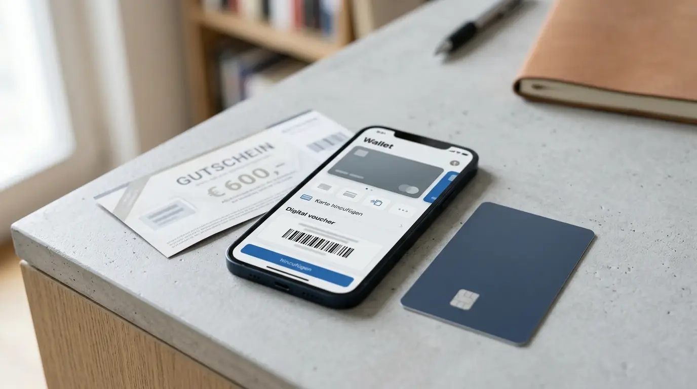 Neutrale Darstellung von Gutschein, Smartphone-Wallet und Bankkarte ohne Logos oder lesbaren Text