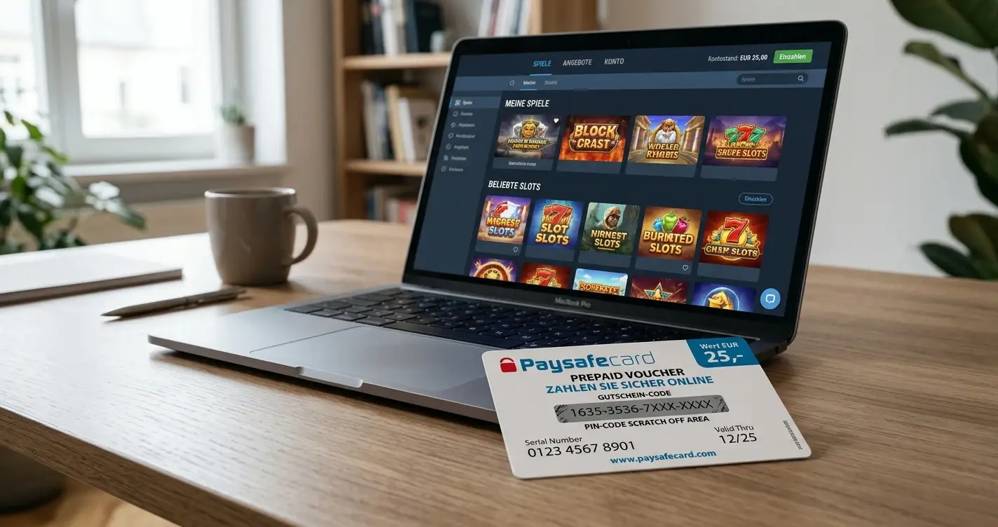 Paysafecard-Voucher auf Schreibtisch neben Laptop mit neutralem Casino-Interface