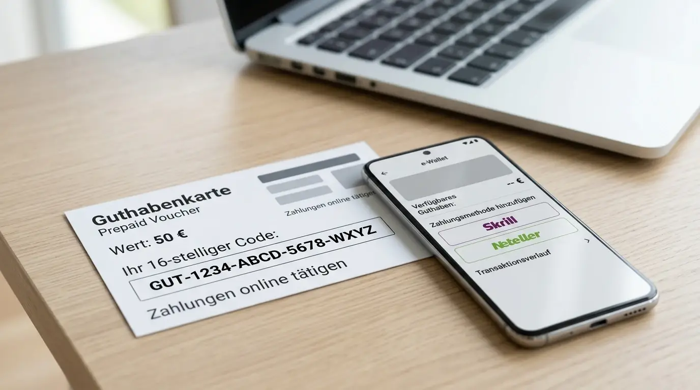 Paysafecard-Voucher und verschiedene E-Wallet-Logos auf neutralem Hintergrund
