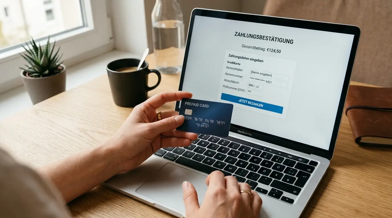 Paysafecard-Voucher neben Smartphone mit Einzahlungsfenster auf Bildschirm