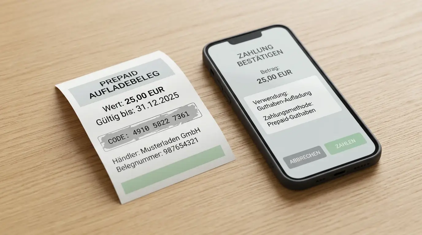 Prepaid-Gutscheincode und Smartphone mit neutraler Zahlungsoberfläche