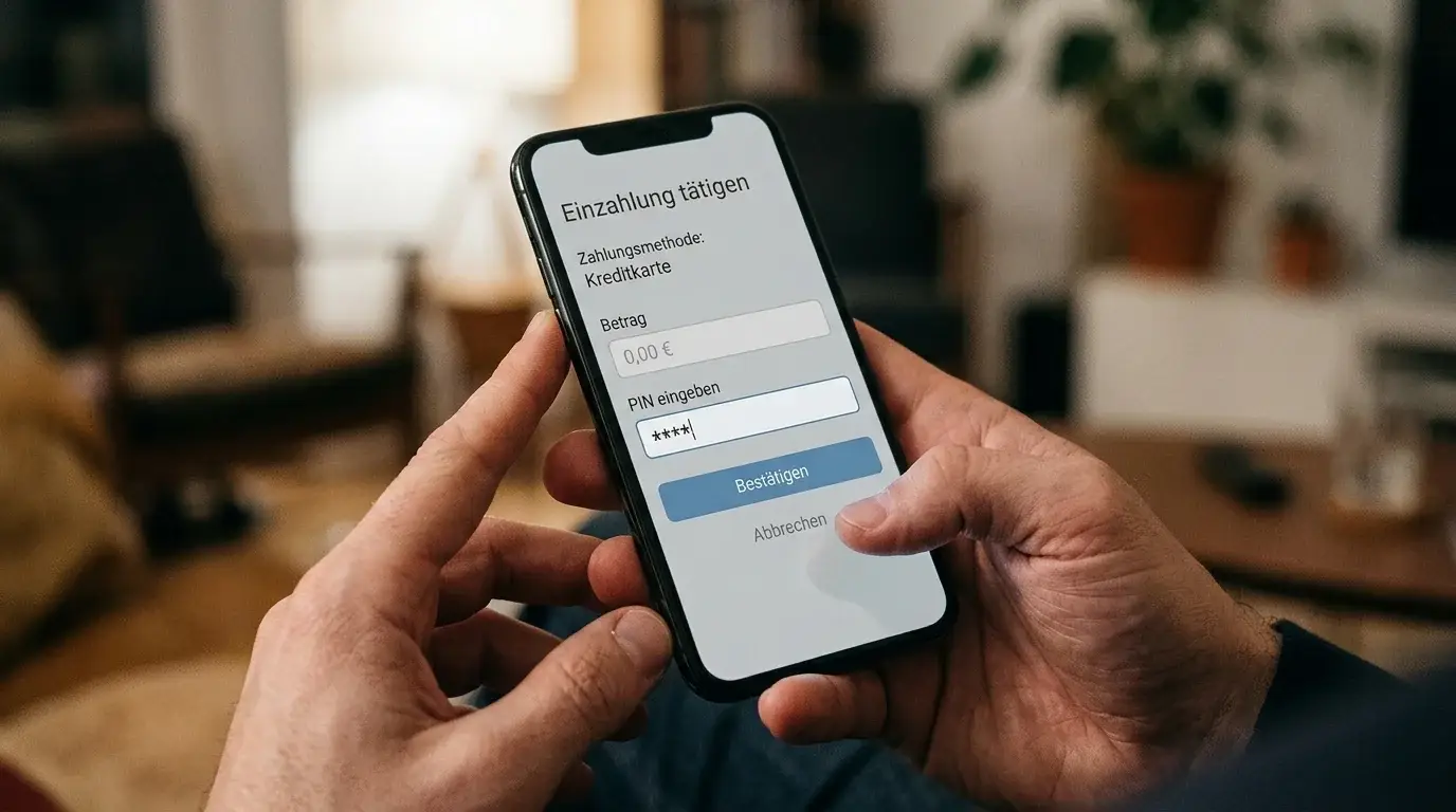 Smartphone zeigt neutrales Casino-Interface mit Paysafecard-Einzahlungsmaske und PIN-Eingabefeld