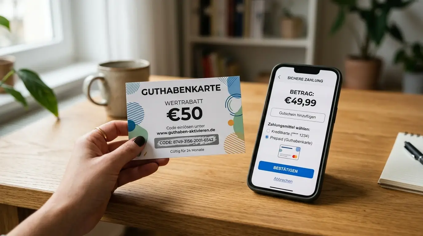 Hand hält Prepaid-Code neben Smartphone mit Eingabemaske