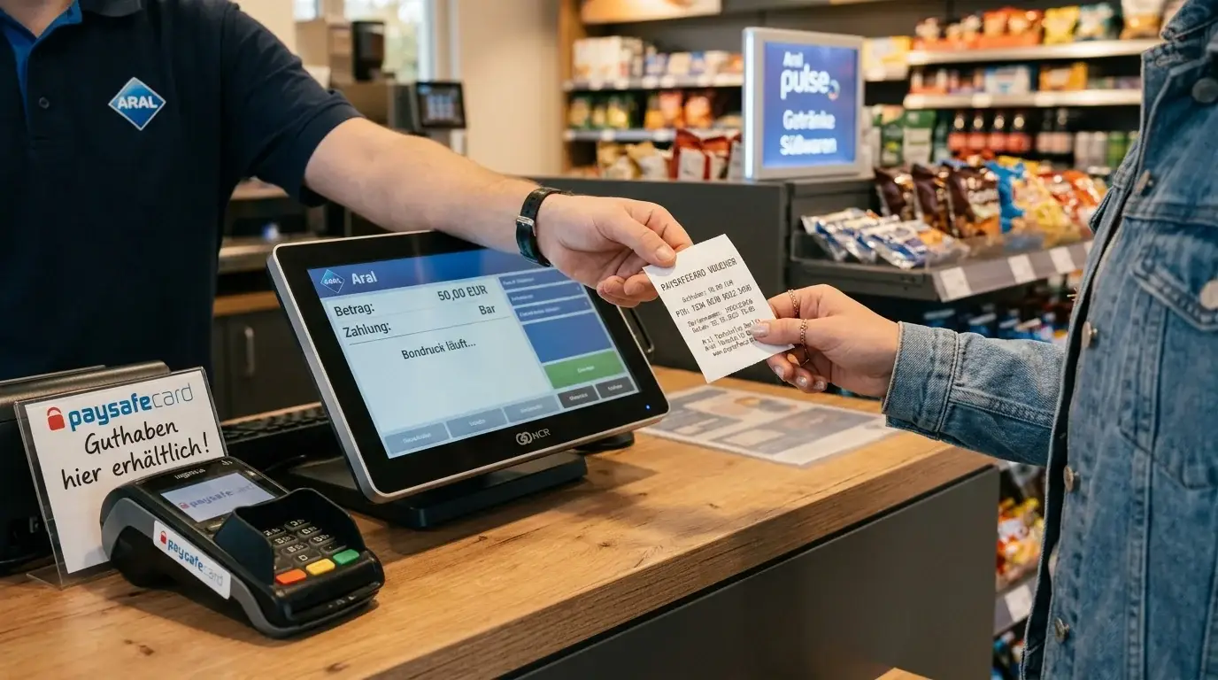 Person kauft Paysafecard-Voucher an Tankstellenkasse mit Bargeld