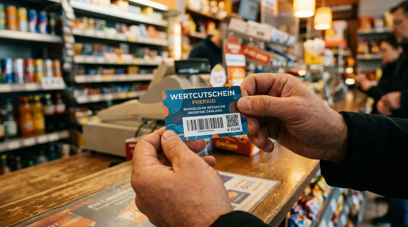 Hände mit Prepaid-Gutschein vor neutralem Kiosktresen