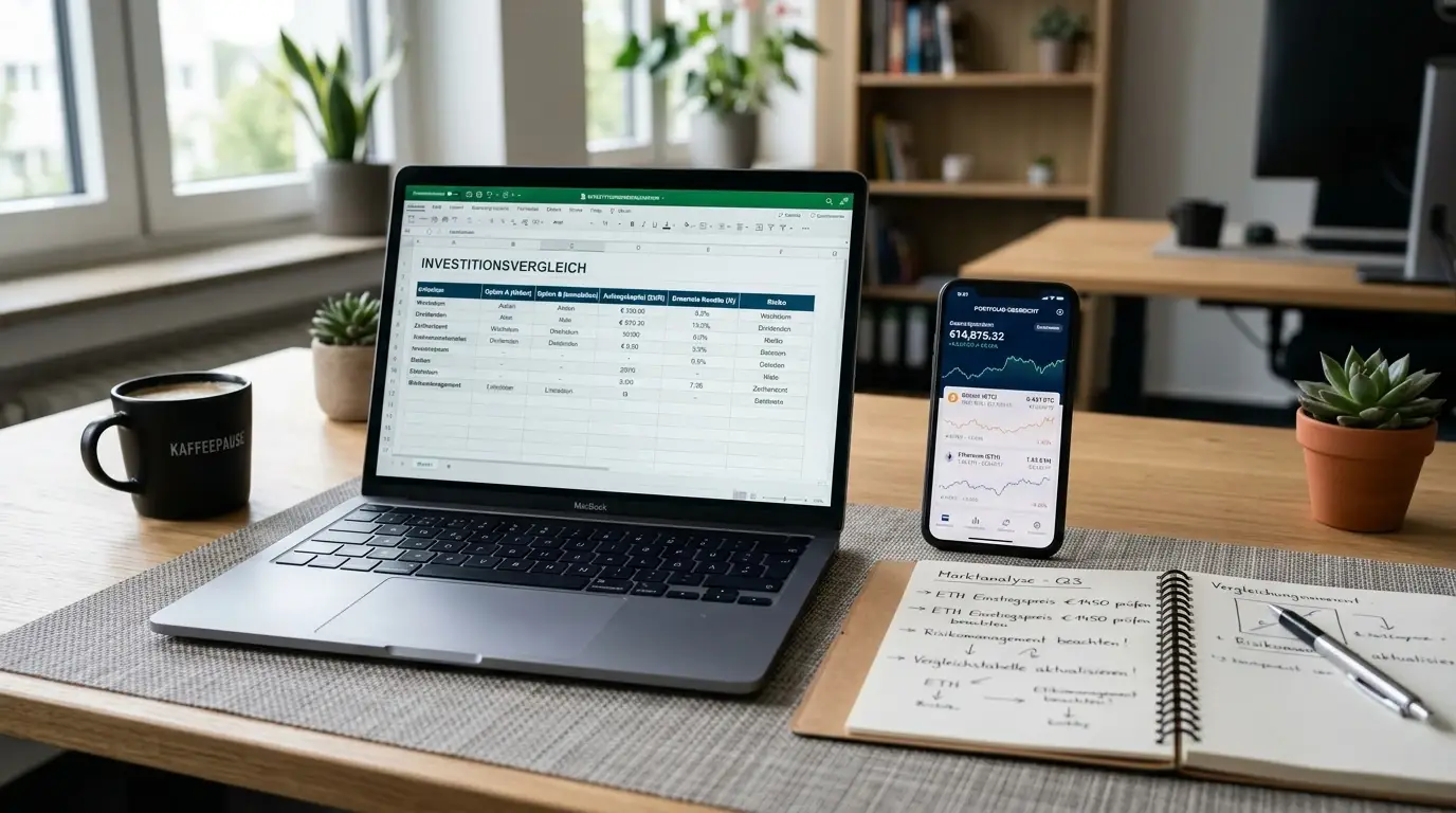 Laptop mit Casino-Vergleichstabelle und Krypto-Wallet-App auf dem Smartphone