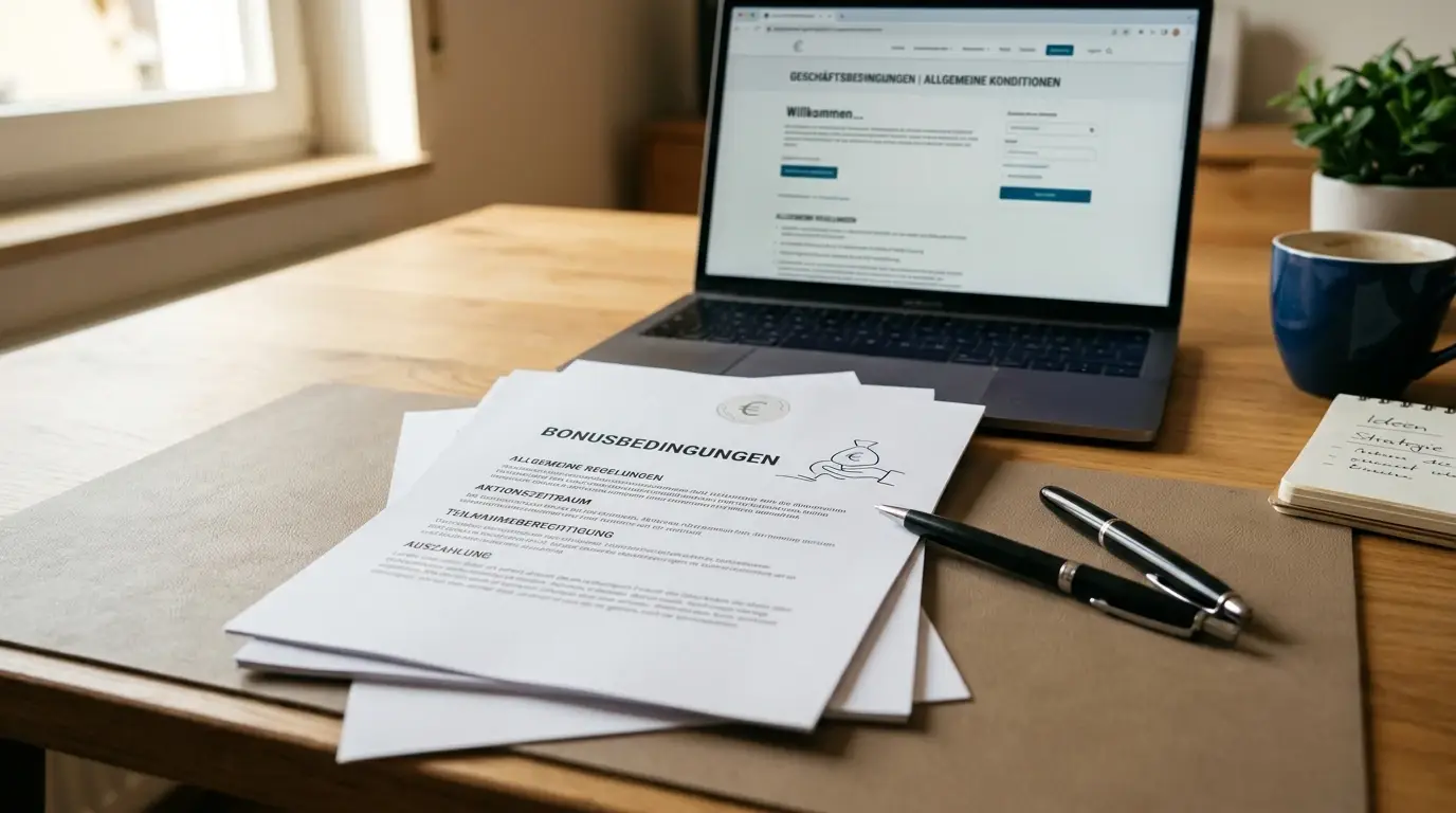 Neutrales Bonusdokument neben einer kleinen CHF-Einzahlung und handschriftlichen Bedingungen