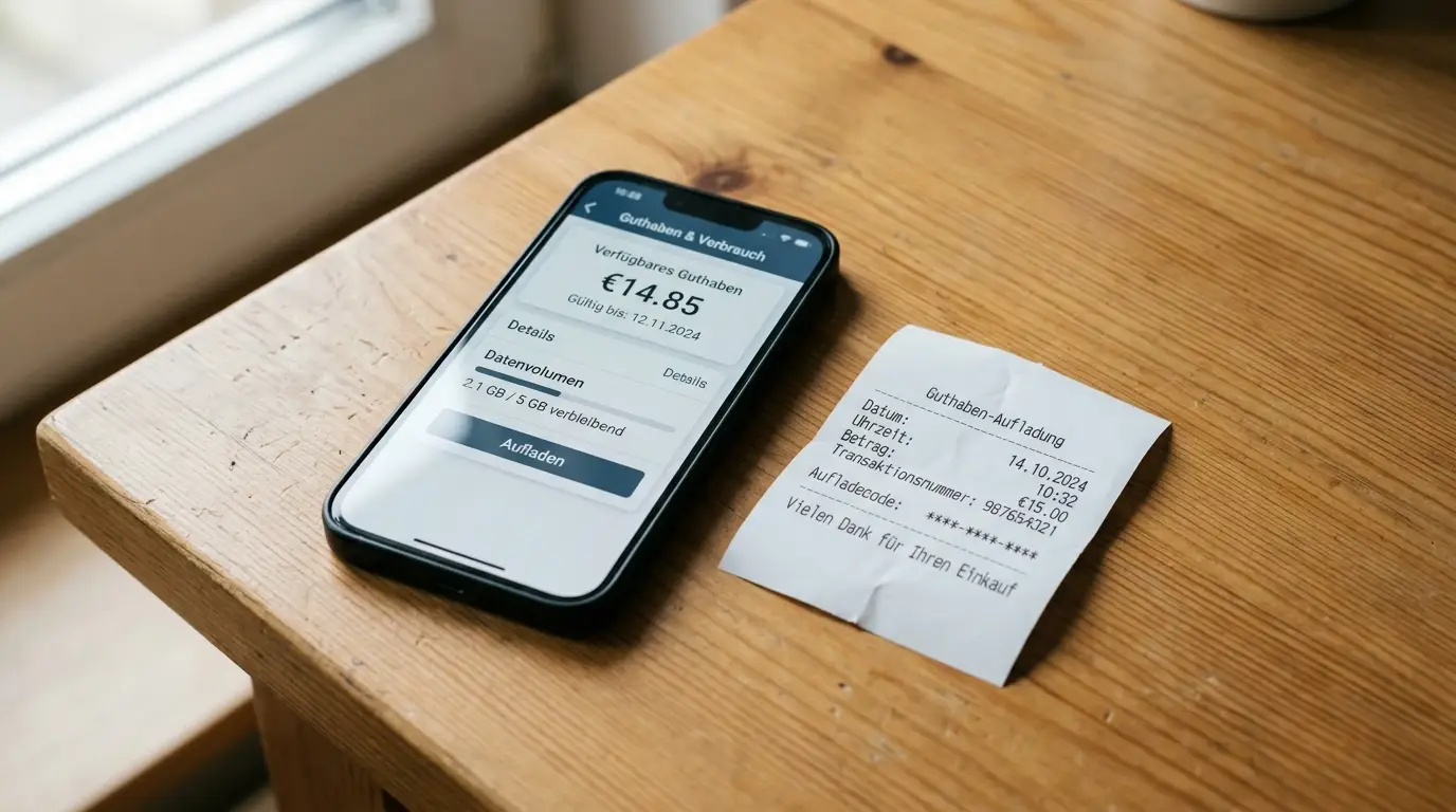 Smartphone mit neutraler Prepaid-Anzeige neben einem Gutscheinbeleg ohne Markenlogo