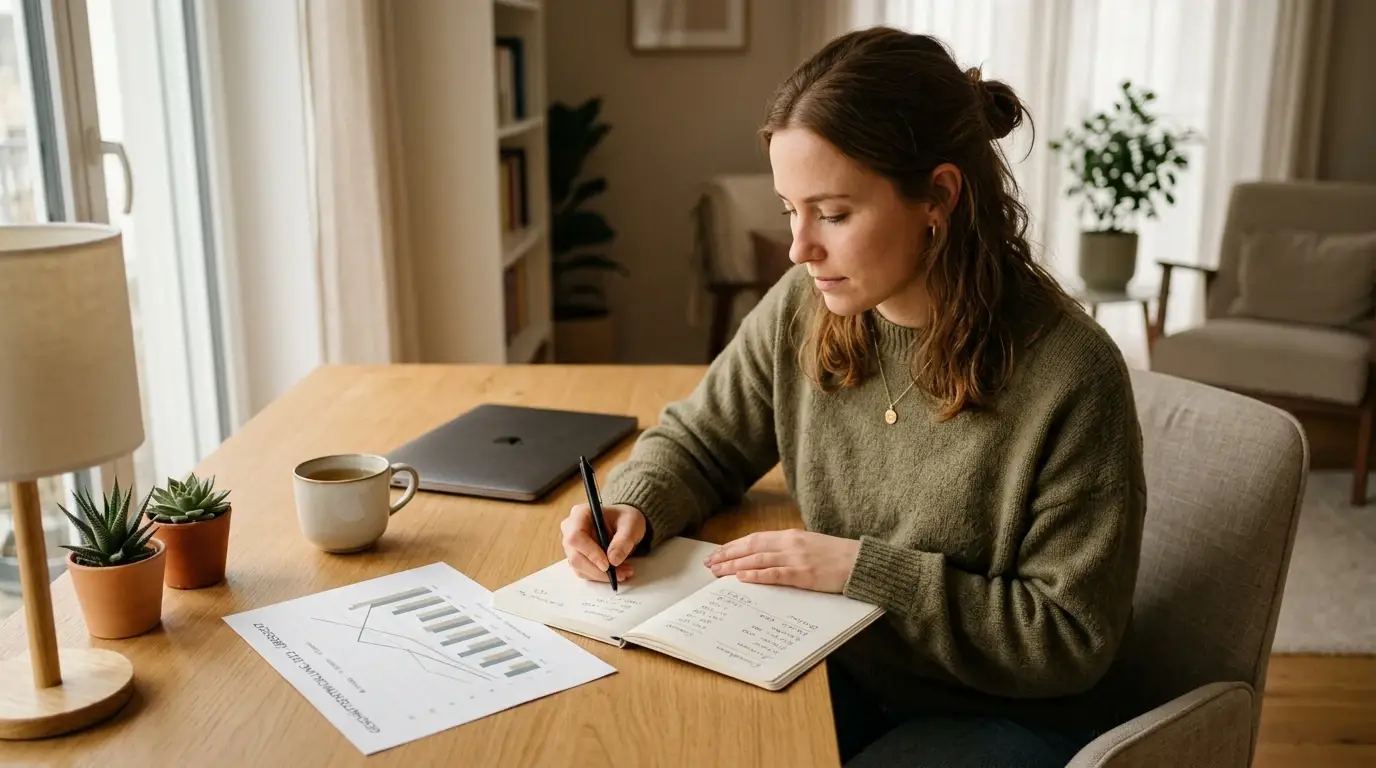 Person rechnet mit Stift und Notizblock den realen Wert eines Bonus aus
