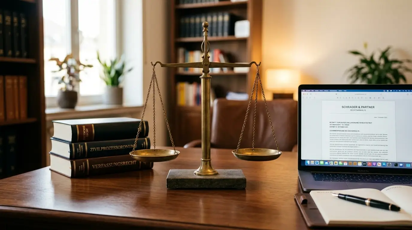 Waage der Gerechtigkeit neben Paragraphen-Büchern und Laptop mit neutralem Gerichts-Dokument auf Schreibtisch