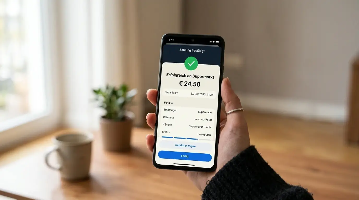 Smartphone mit geöffneter Revolut-App zeigt Zahlungsbestätigung