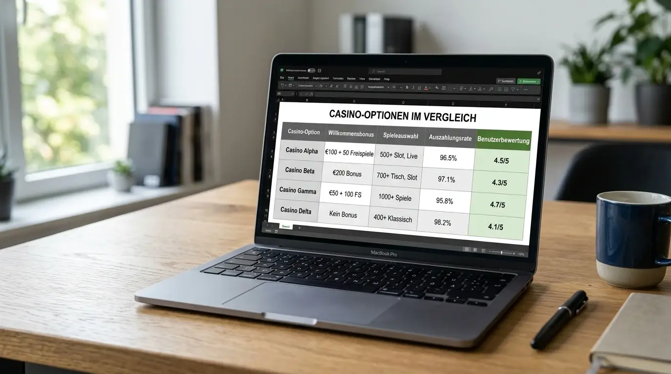Vergleichstabelle mit verschiedenen Online-Casino-Optionen auf Bildschirm