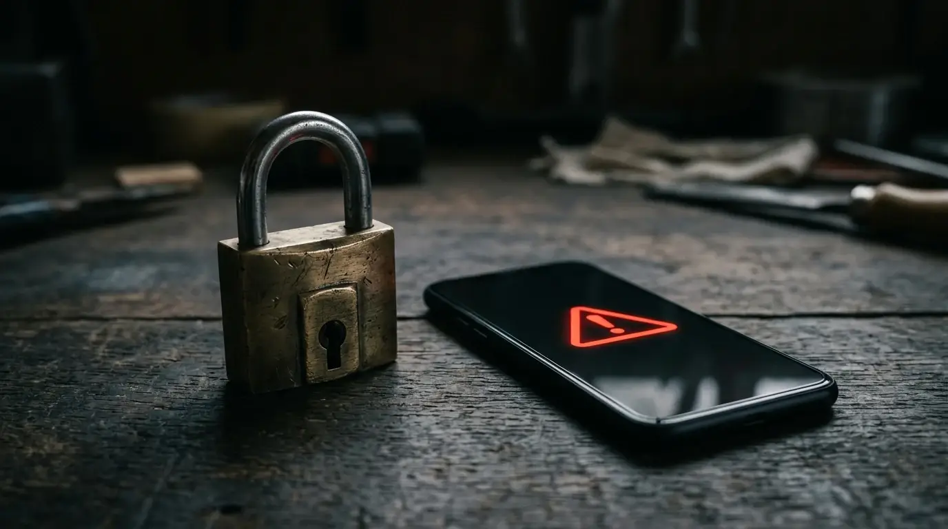 Verschlossenes Schloss neben einem Smartphone mit rotem Warnsymbol auf dunklem Hintergrund