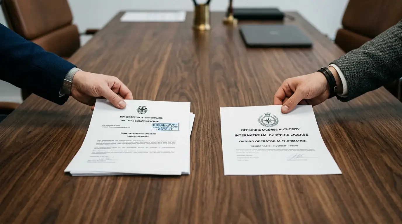 Zwei Hände mit Waage-Symbol, links GGL-Dokument, rechts Offshore-Bonus-Angebot