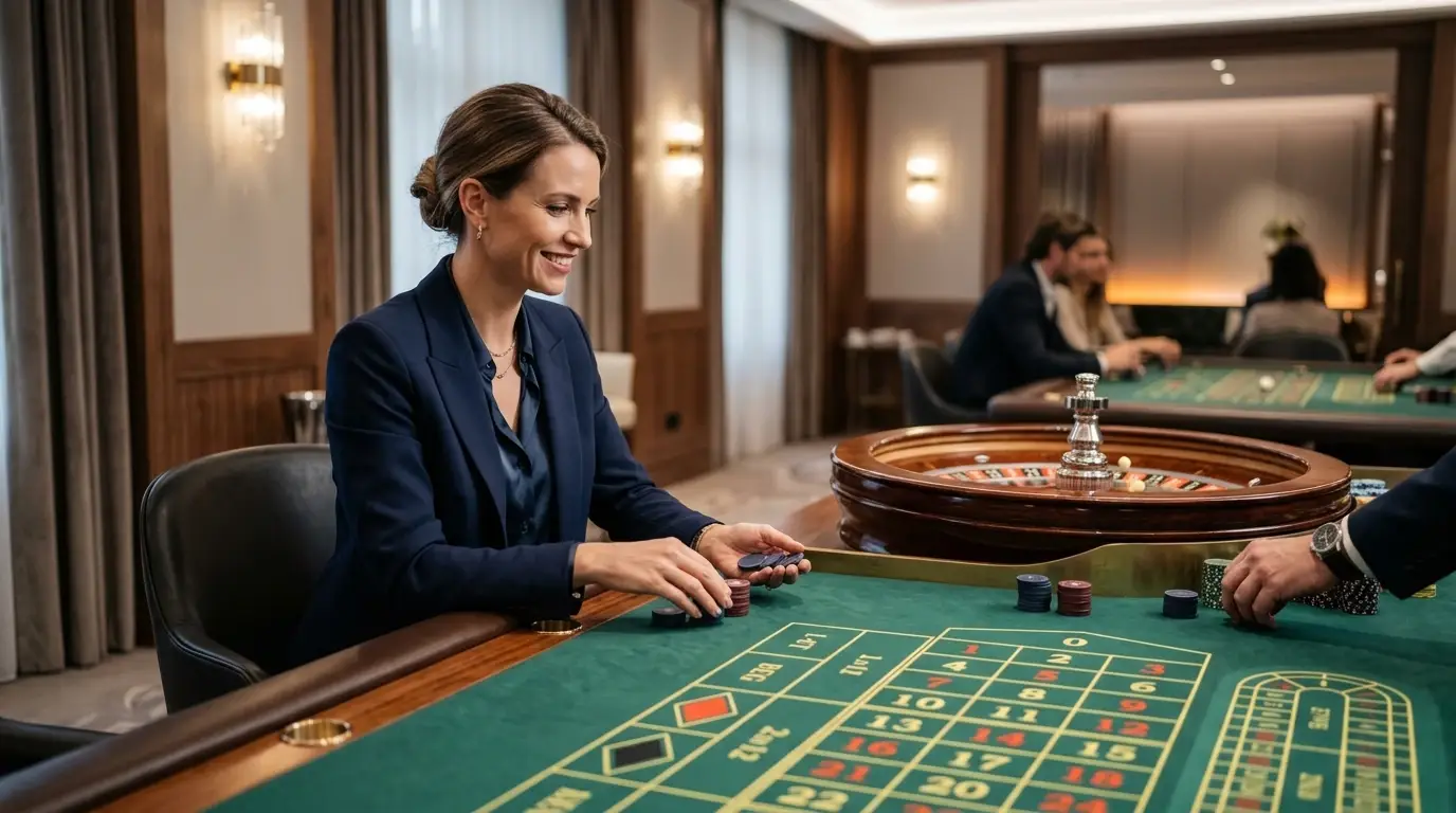 Person an einem eleganten Roulettetisch in neutralem Ambiente ohne erkennbare Logos