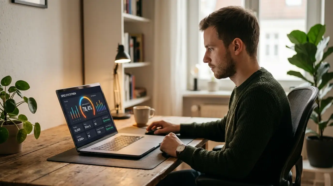 Person prüft die Auszahlungsquote eines Slots im Spielinfo am Laptop