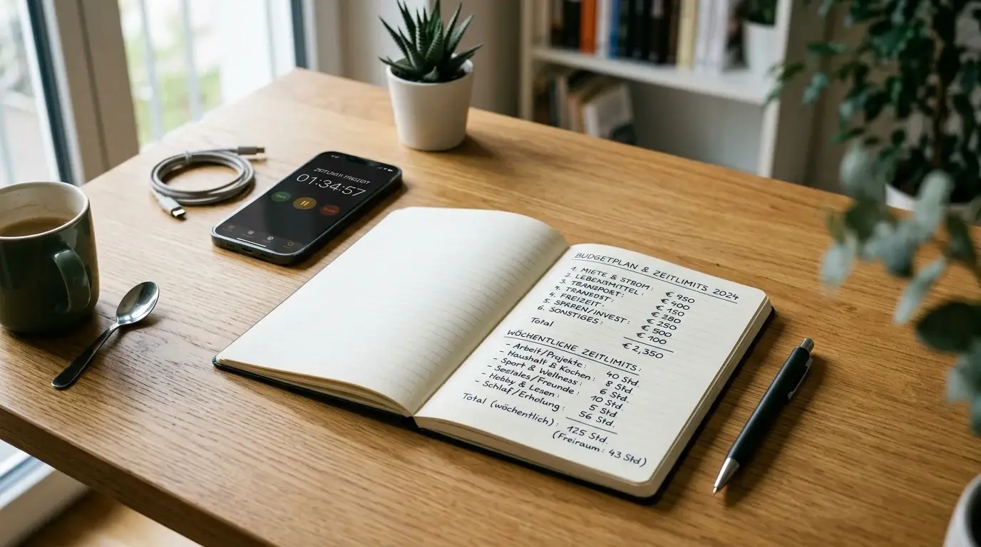 Schreibtisch mit Notizbuch zeigt handgeschriebene Budget-Planung und Zeitlimits