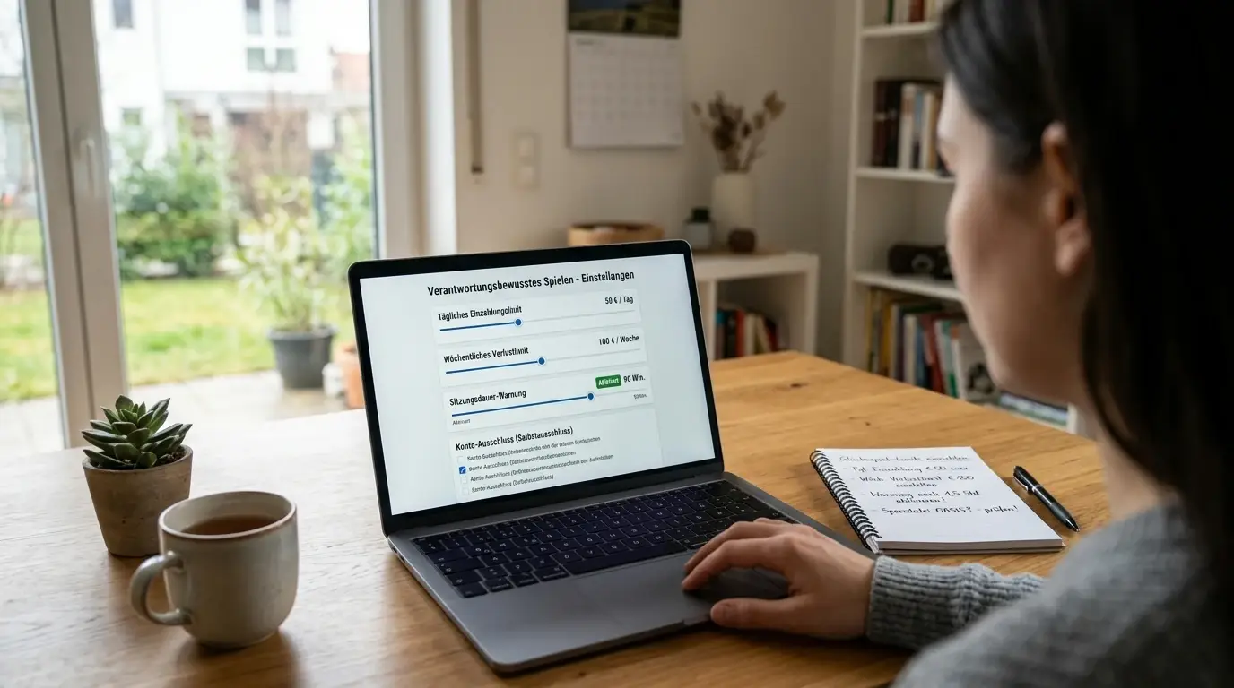 Person am Laptop mit Notizblock und Selbstlimit-Einstellungen auf dem Bildschirm