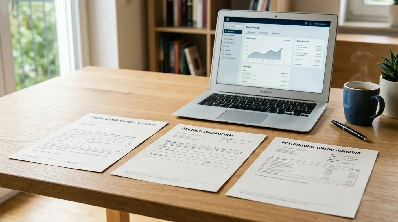 Neutrale Darstellung von Lastschriftmandat, Überweisung und Bankbestätigung auf einem Schreibtisch