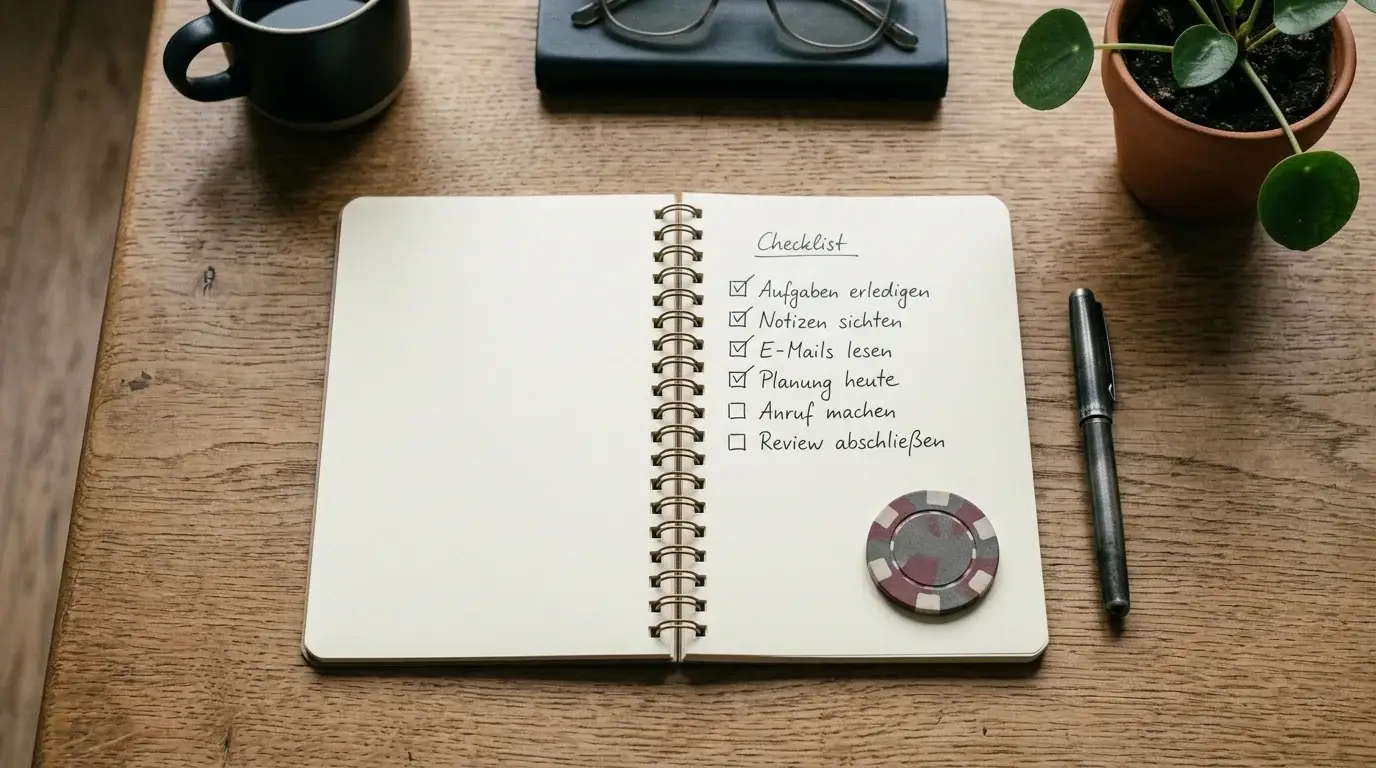 Offenes Notizbuch mit einer handgeschriebenen Prüfliste, daneben ein Stift und ein einzelner abstrakter Chip als Briefbeschwerer