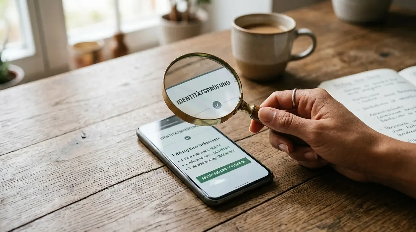 Person prüft Smartphone-Display mit Lupe, Konzept Seriosität und Verifikation